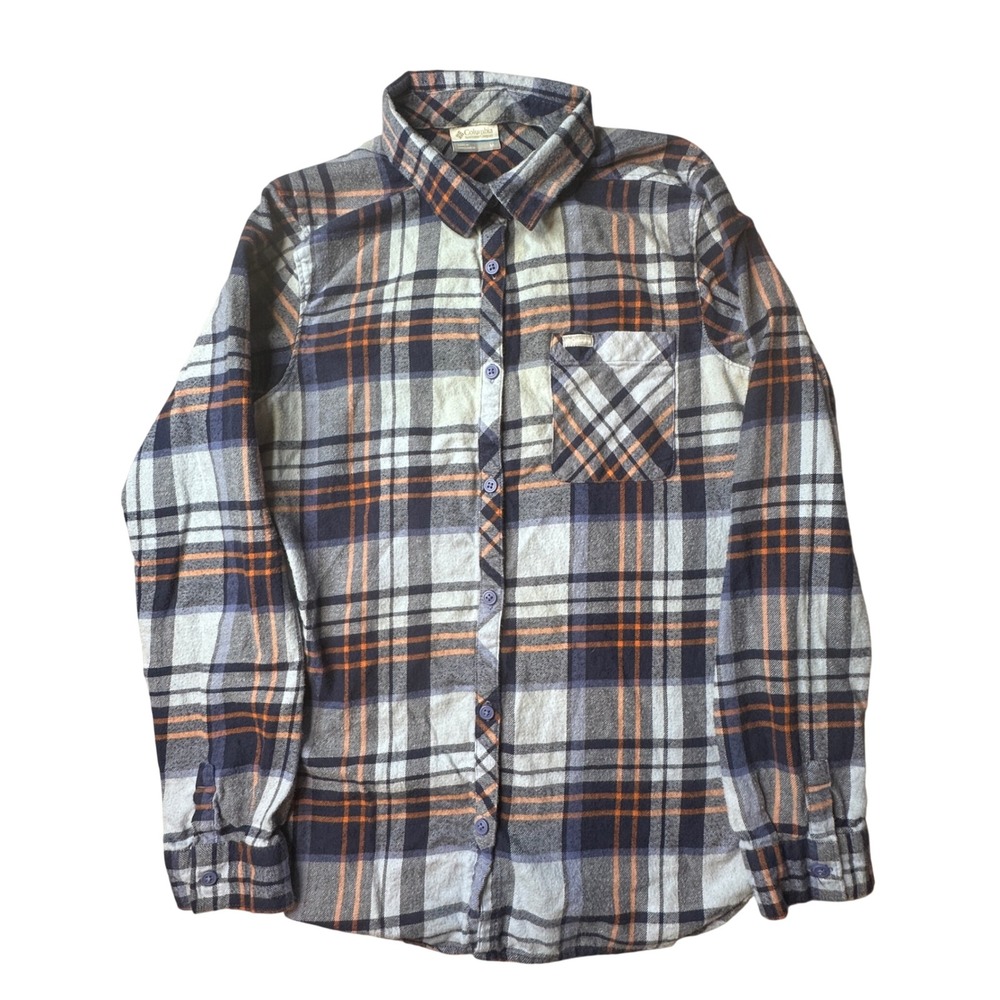 Columbia Shirt Womens Medium Navy Orange Plaid Flannel Long Sleeve Cotton Top
